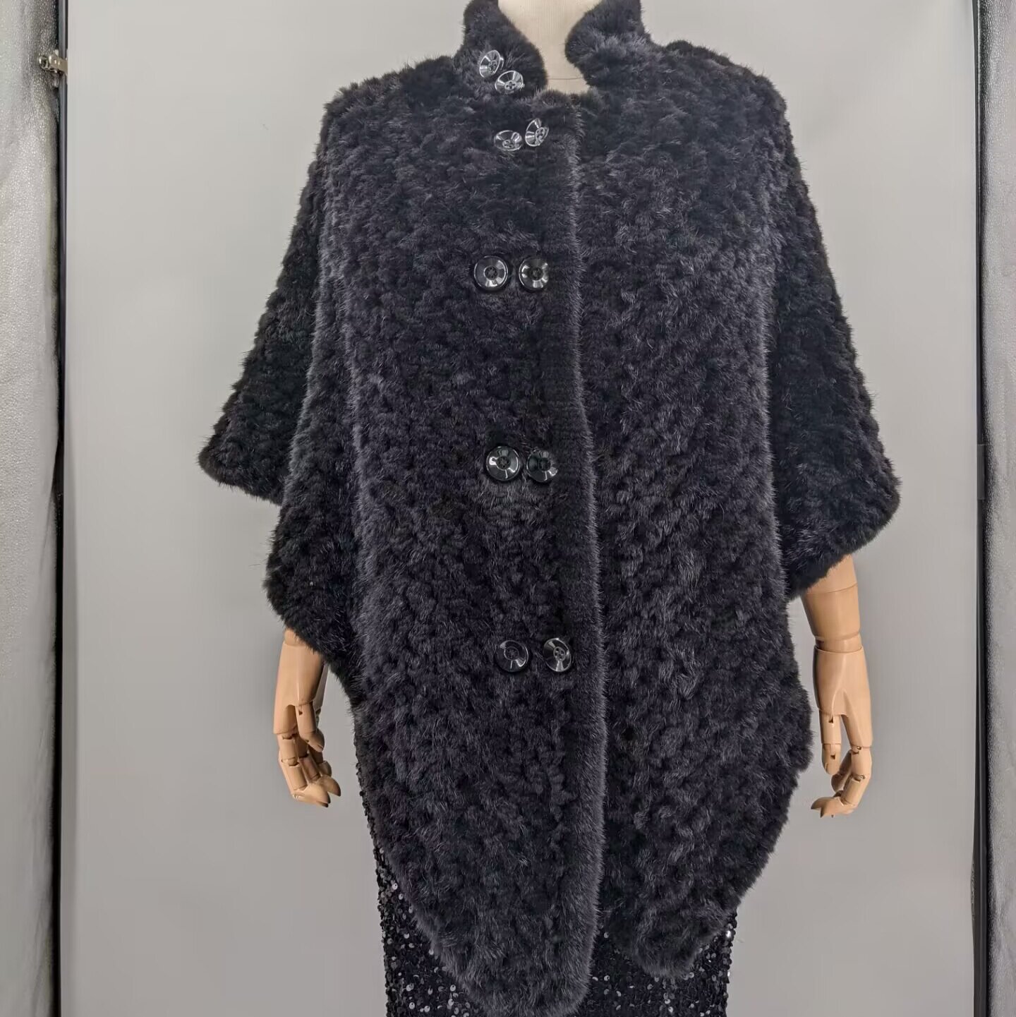Shawl Wrap Winter - Echter Nerzpelz Gestrickter Schal Damen Schwarz
